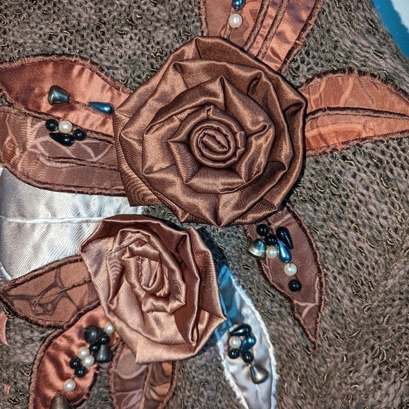 VINTAGE Brown Floral Embroidery Loose Knit Crewneck Sweater Size Extra-Large - Picture 5 of 12
